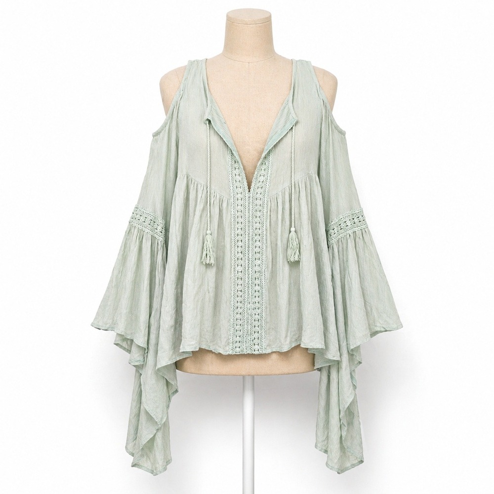Boho Bell Sleeve Fairy Lace Cold Shoulder Top Size S Mint Green Festival Indie